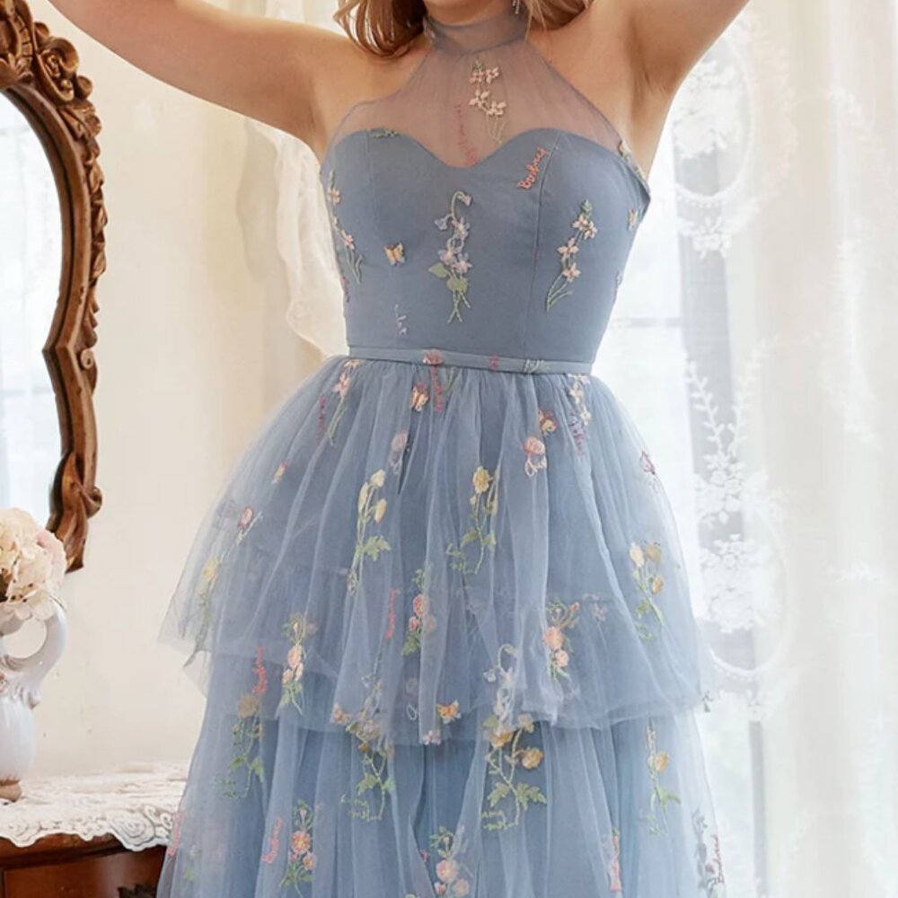 A Line Halter Grey Blue Prom/Wedding/Bridal Dress with Embroidery